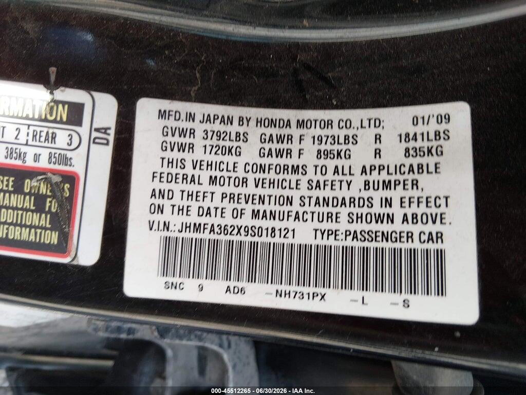 JHMFA362X9S018121 2009 HONDA CIVIC HYBRID photo no. 9