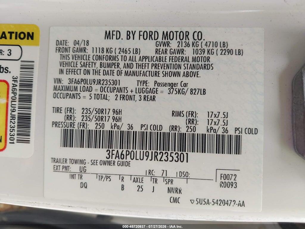 3FA6P0LU9JR235301 2018 FORD FUSION HYBRID photo no. 9