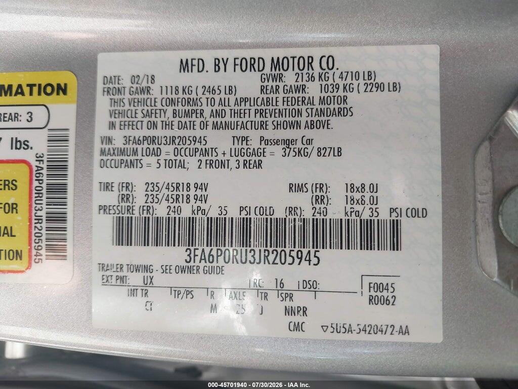 3FA6P0RU3JR205945 2018 FORD FUSION HYBRID photo no. 9