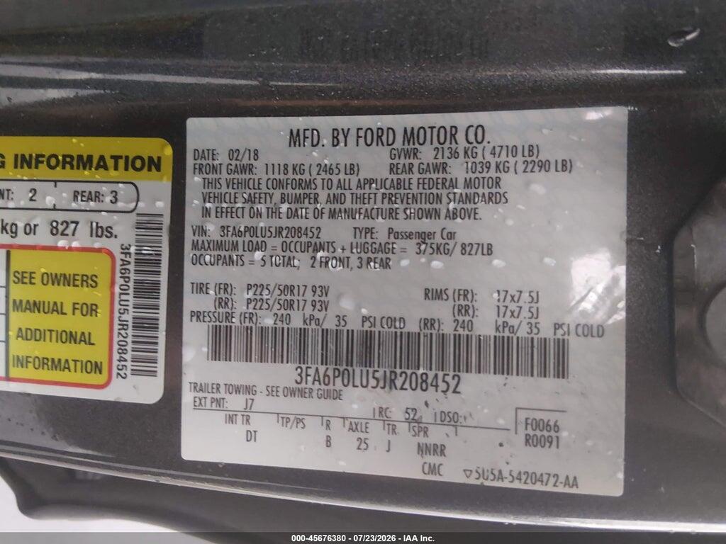 3FA6P0LU5JR208452 2018 FORD FUSION HYBRID photo no. 9