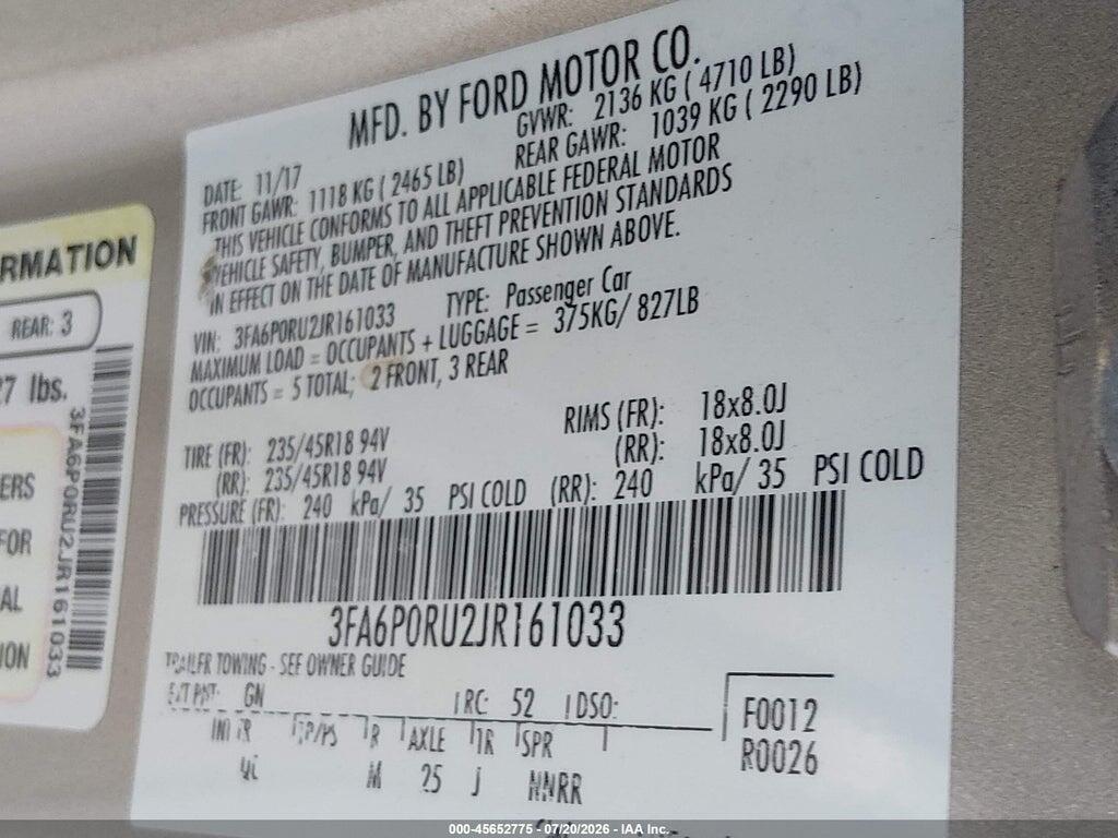 3FA6P0RU2JR161033 2018 FORD FUSION HYBRID photo no. 9