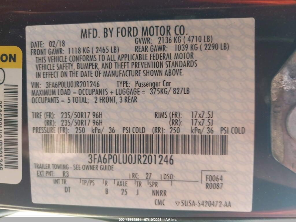 3FA6P0LU0JR201246 2018 FORD FUSION HYBRID photo no. 9