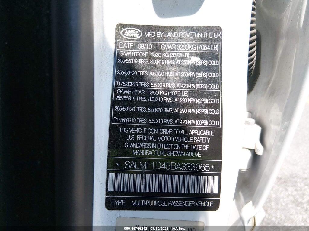 SALMF1D45BA333965 2011 LAND ROVER RANGE ROVER photo no. 9
