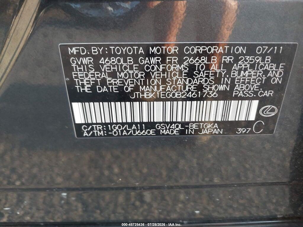 JTHBK1EG0B2461736 2011 LEXUS ES 350 photo no. 9