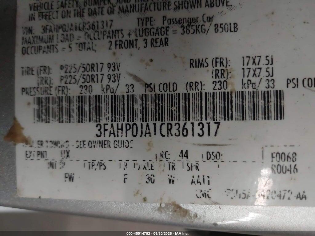 3FAHP0JA1CR361317 2012 FORD FUSION photo no. 9