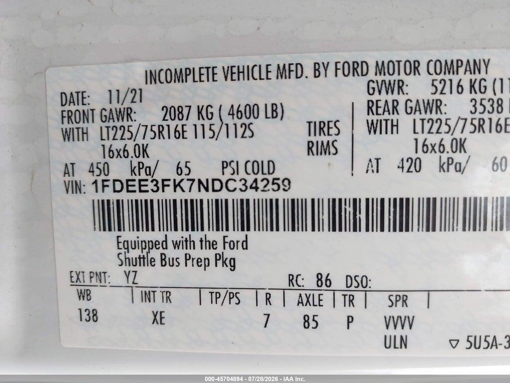 1FDEE3FK7NDC34259 2022 FORD E-350 CUTAWAY photo no. 8