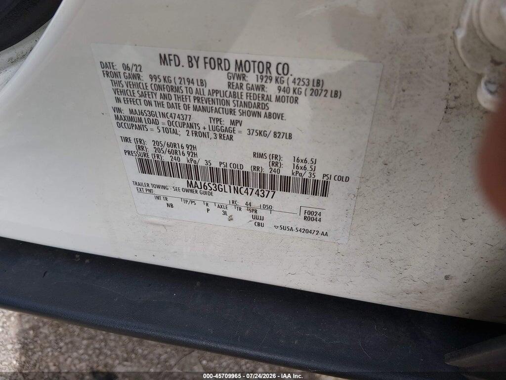MAJ6S3GL1NC474377 2022 FORD ECOSPORT photo no. 9