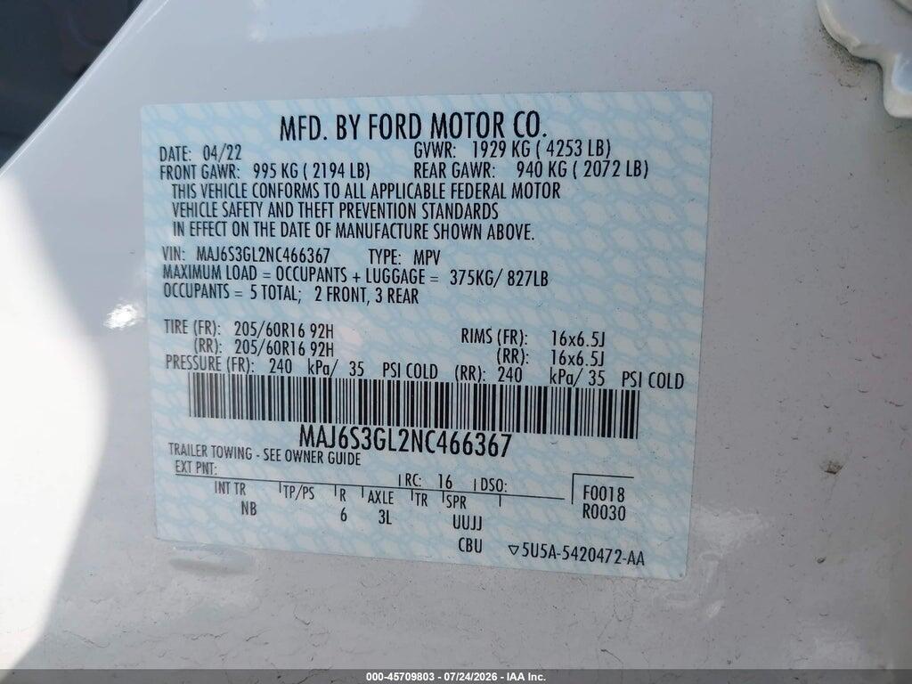 MAJ6S3GL2NC466367 2022 FORD ECOSPORT photo no. 9