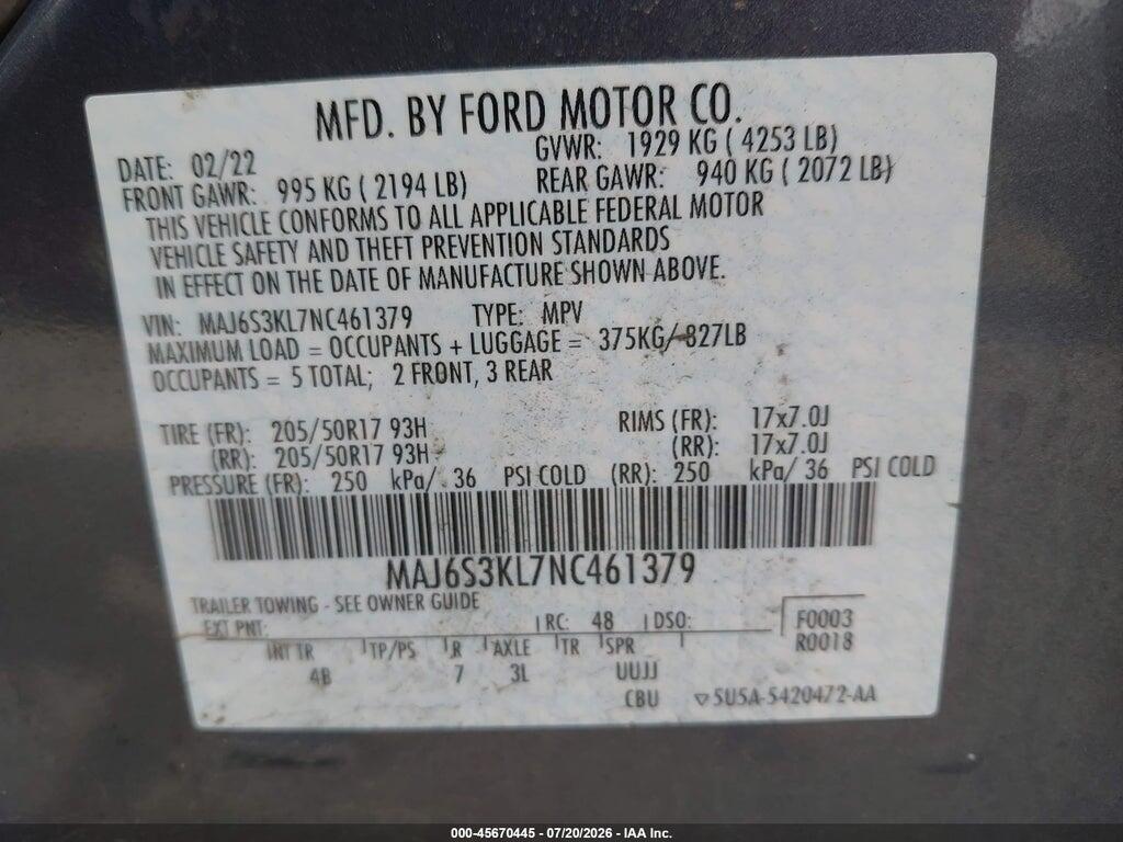 MAJ6S3KL7NC461379 2022 FORD ECOSPORT photo no. 9