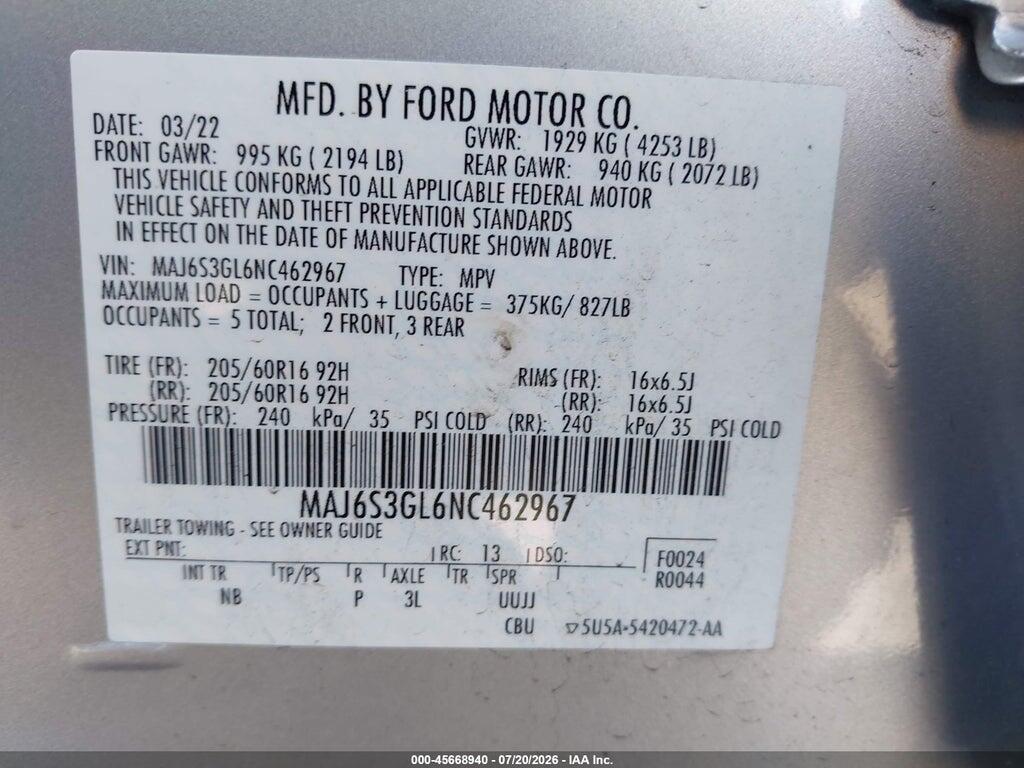 MAJ6S3GL6NC462967 2022 FORD ECOSPORT photo no. 9