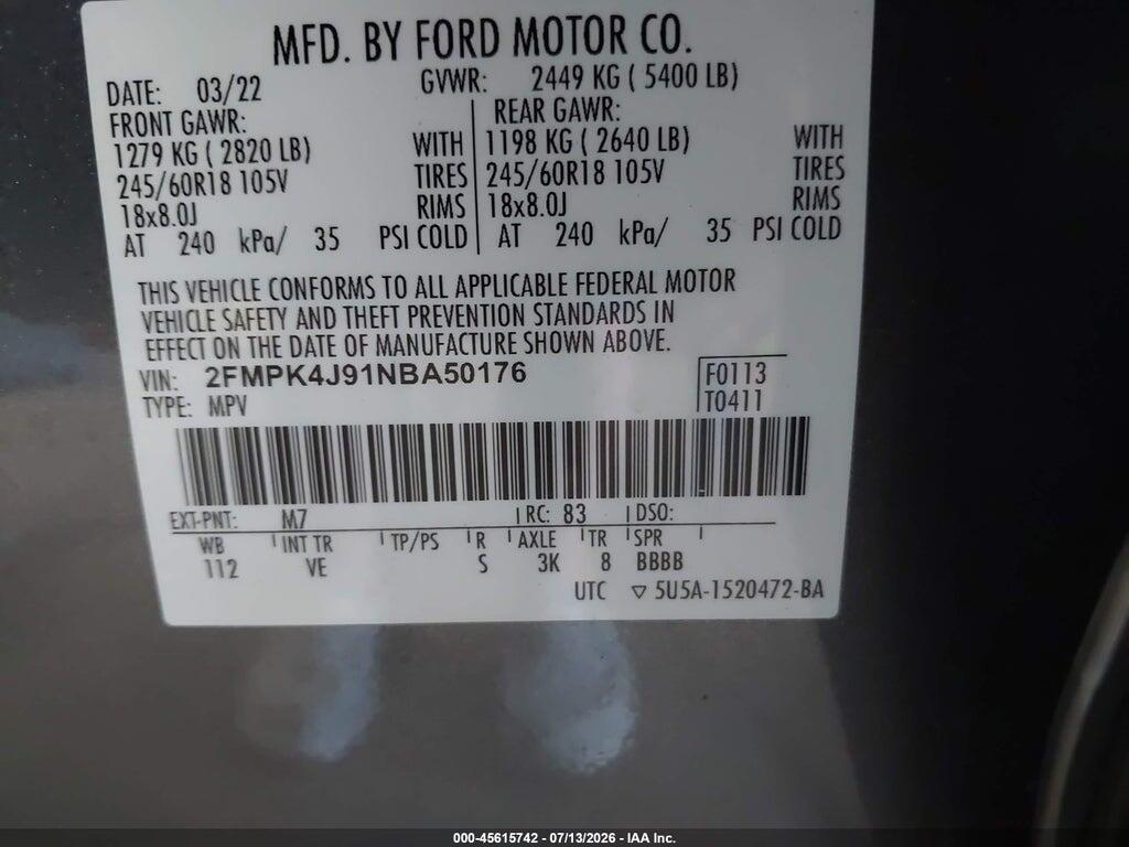 2FMPK4J91NBA50176 2022 FORD EDGE photo no. 9