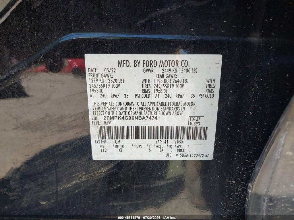 2FMPK4G96NBA74741 2022 FORD EDGE photo no. 9