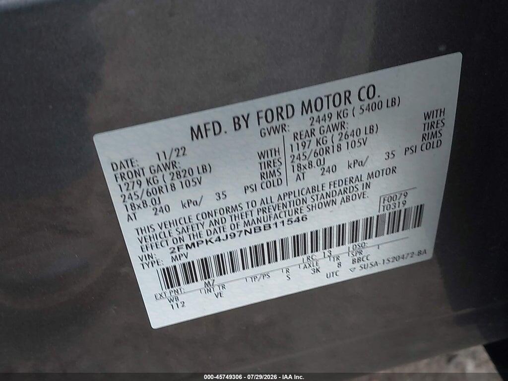 2FMPK4J97NBB11546 2022 FORD EDGE photo no. 9