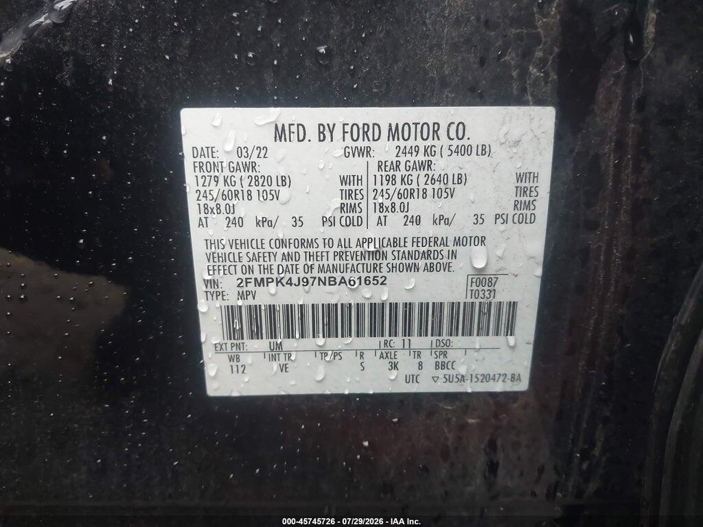 2FMPK4J97NBA61652 2022 FORD EDGE photo no. 9