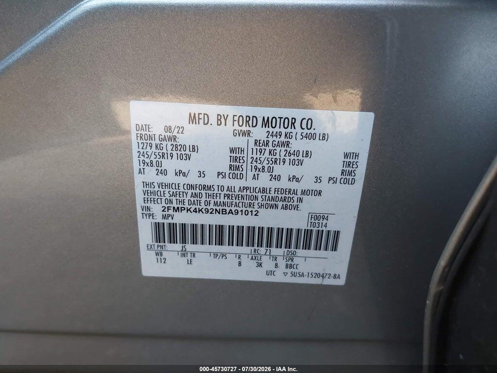 2FMPK4K92NBA91012 2022 FORD EDGE photo no. 9