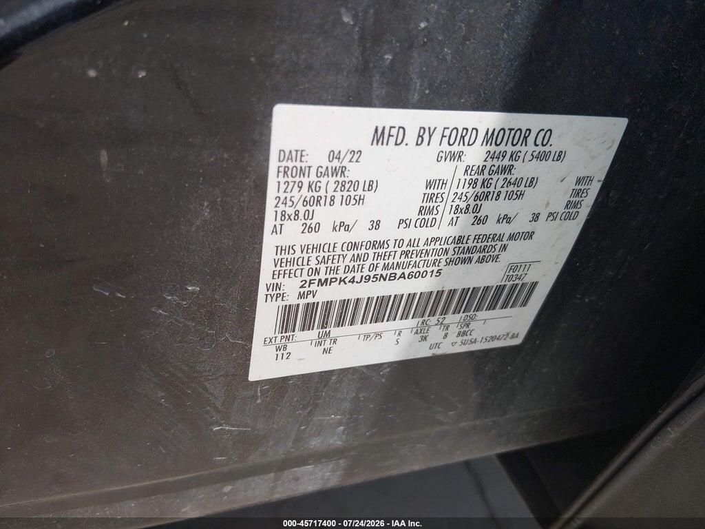 2FMPK4J95NBA60015 2022 FORD EDGE photo no. 9