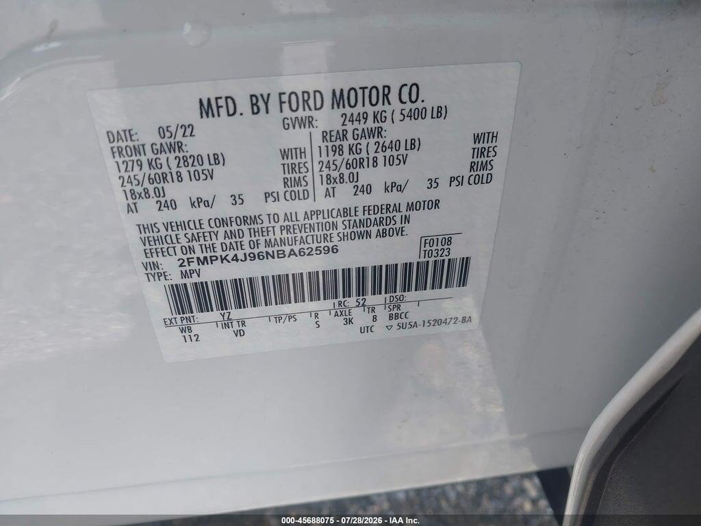 2FMPK4J96NBA62596 2022 FORD EDGE photo no. 9