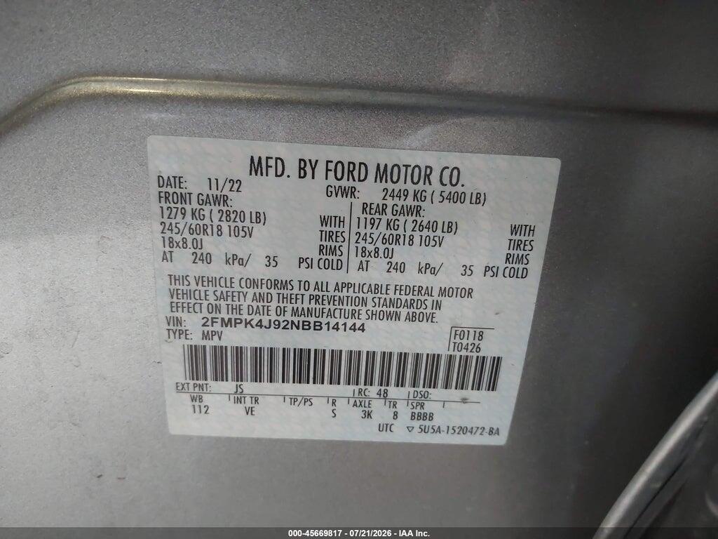 2FMPK4J92NBB14144 2022 FORD EDGE photo no. 9