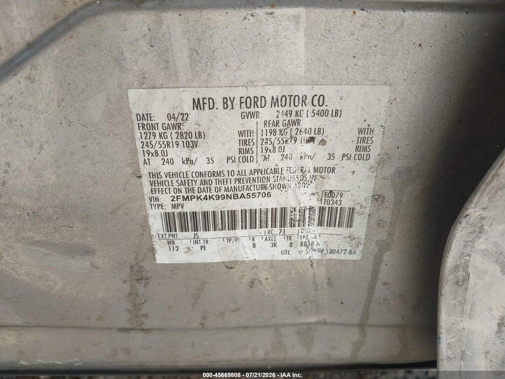 2FMPK4K99NBA55706 2022 FORD EDGE photo no. 9