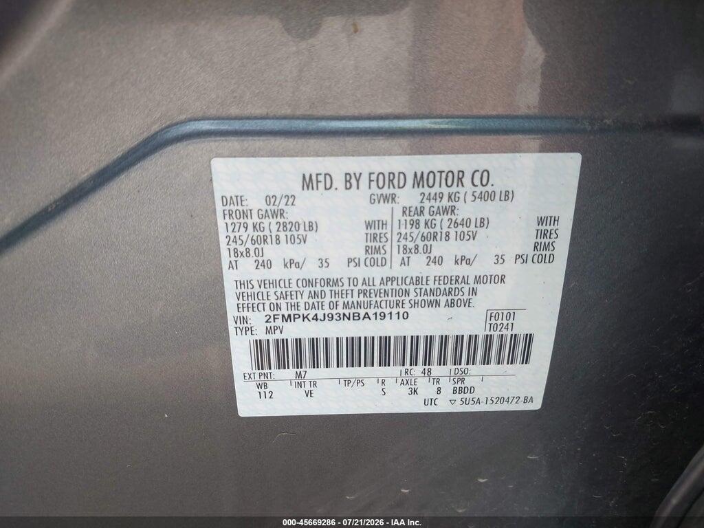 2FMPK4J93NBA19110 2022 FORD EDGE photo no. 9