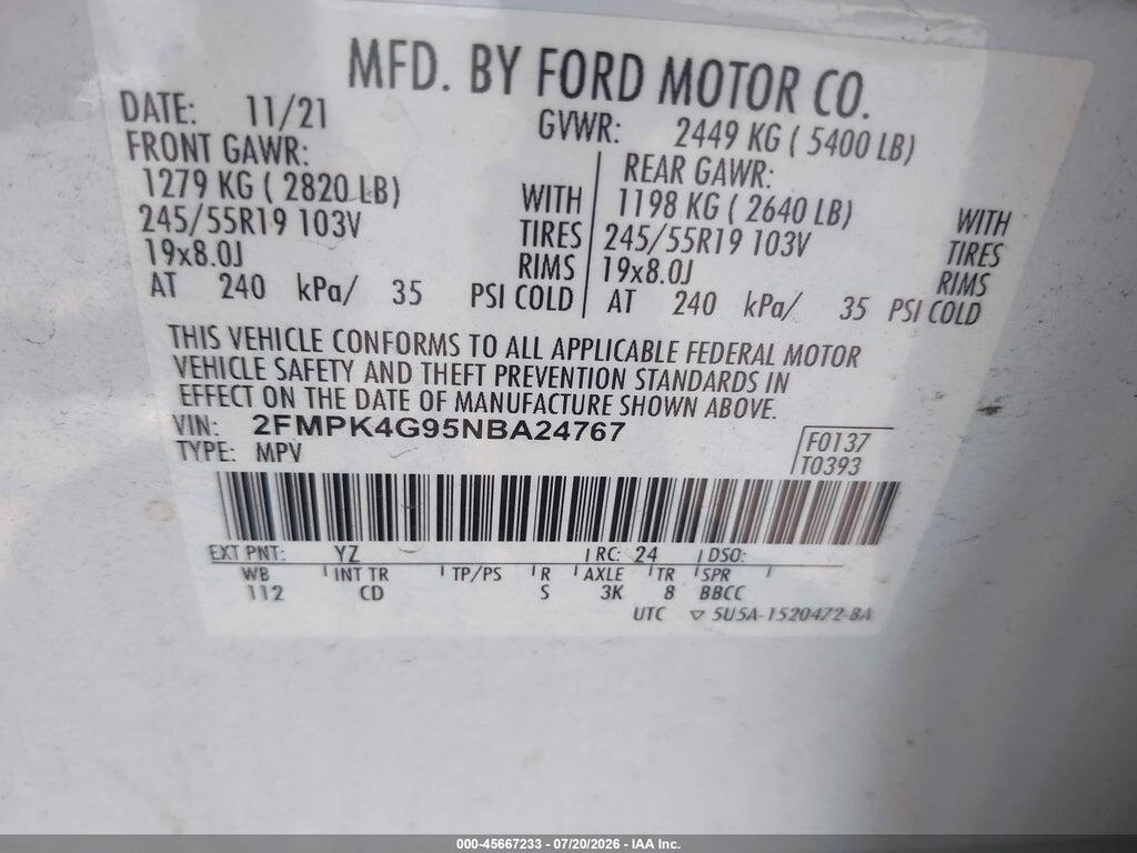 2FMPK4G95NBA24767 2022 FORD EDGE photo no. 9