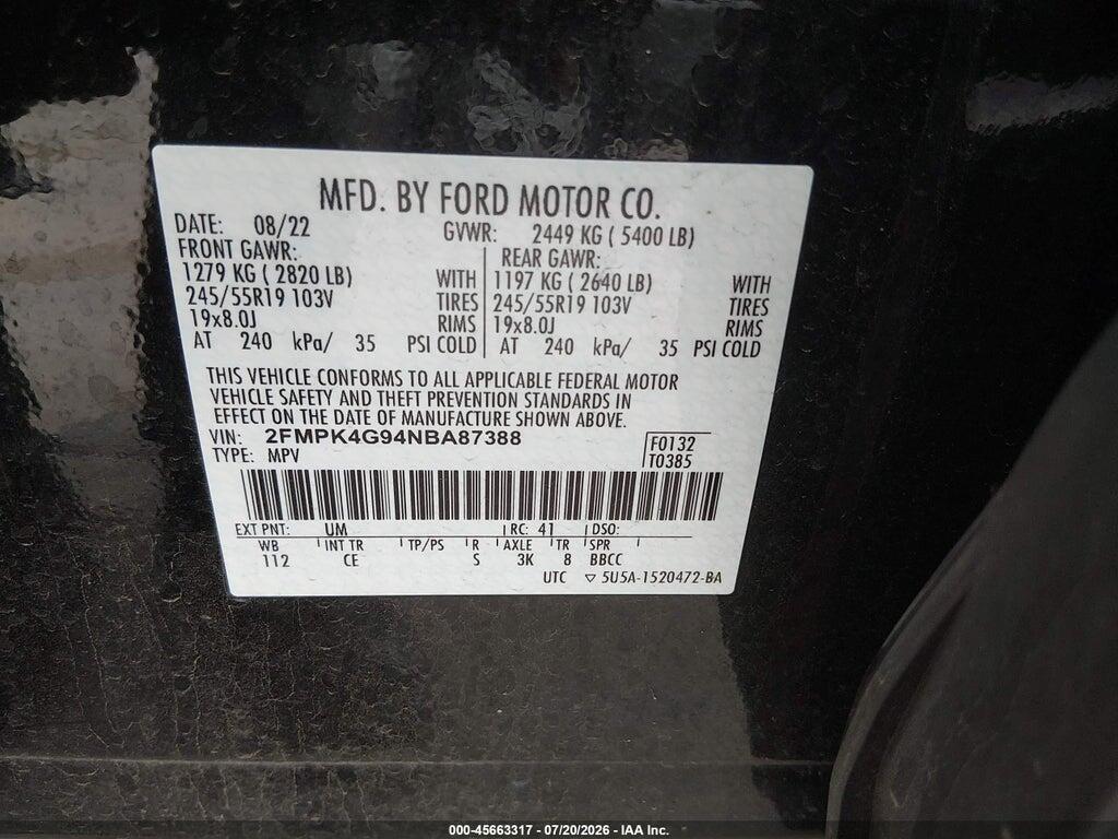 2FMPK4G94NBA87388 2022 FORD EDGE photo no. 9