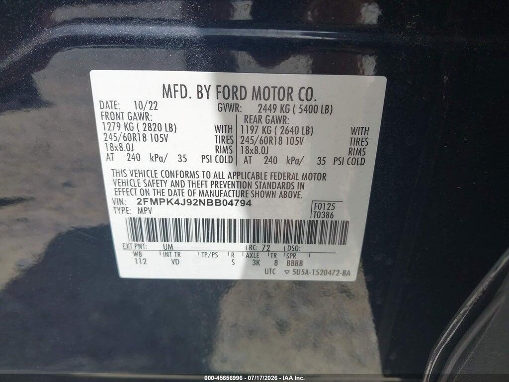 2FMPK4J92NBB04794 2022 FORD EDGE photo no. 9
