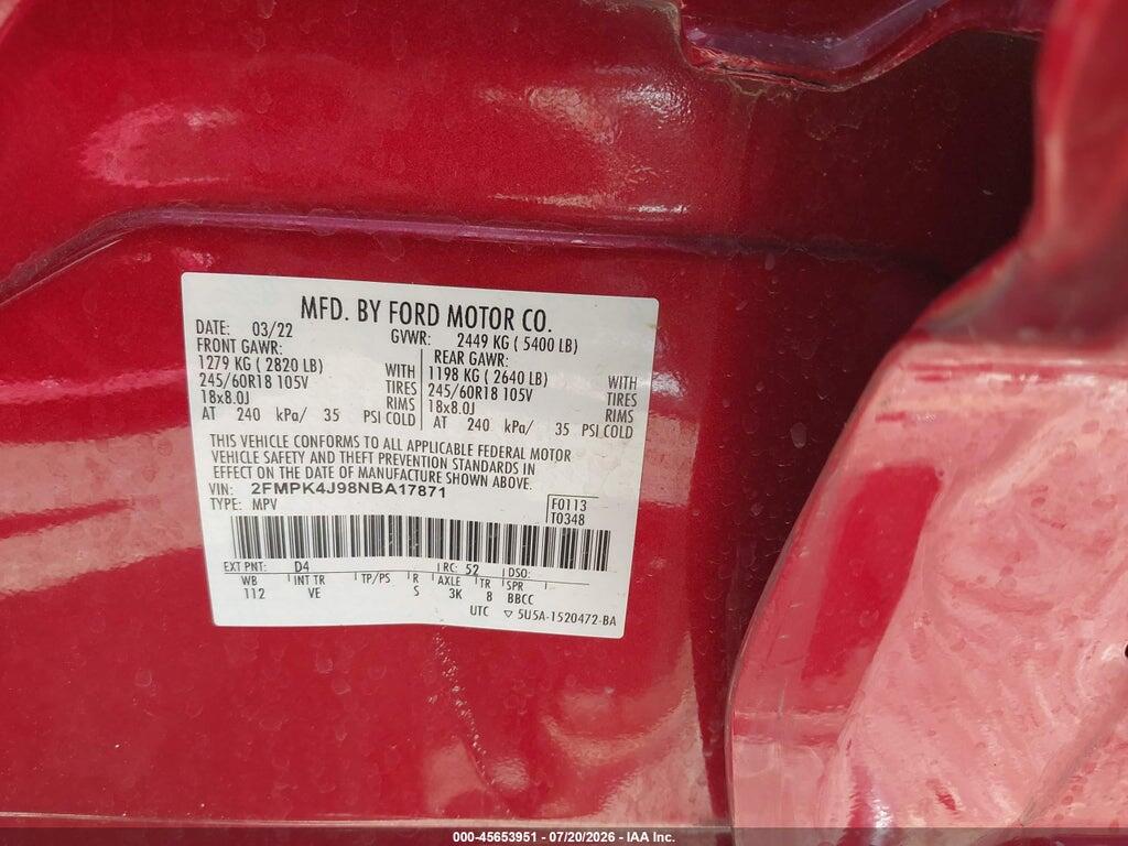 2FMPK4J98NBA17871 2022 FORD EDGE photo no. 9