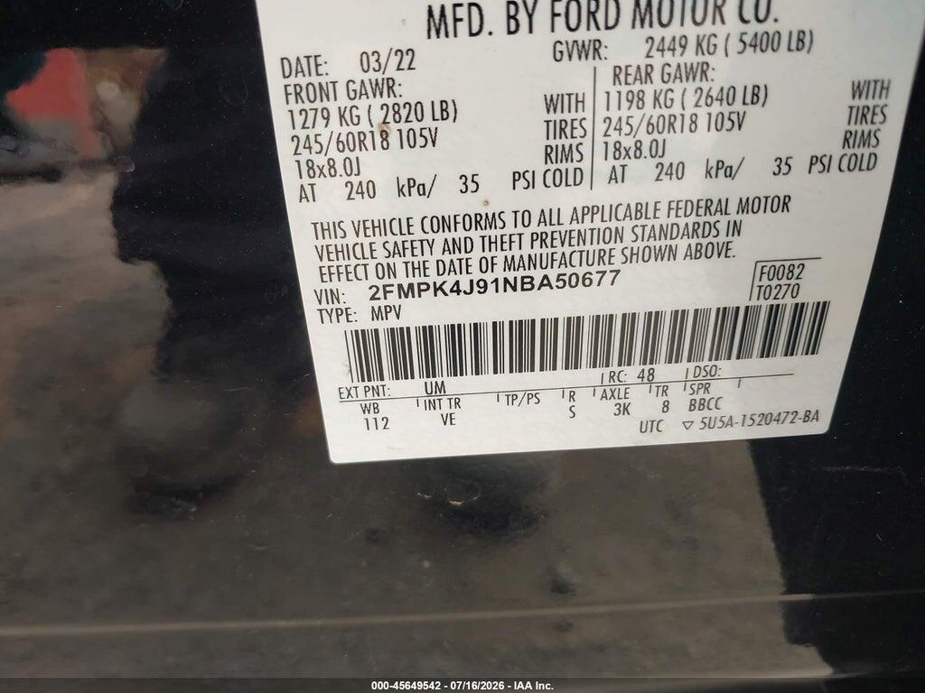2FMPK4J91NBA50677 2022 FORD EDGE photo no. 9