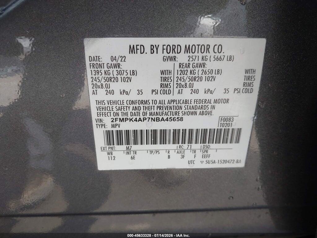 2FMPK4AP7NBA45658 2022 FORD EDGE photo no. 9