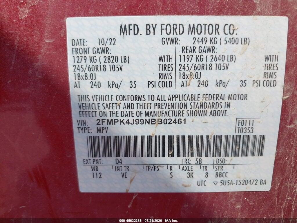 2FMPK4J99NBB02461 2022 FORD EDGE photo no. 9