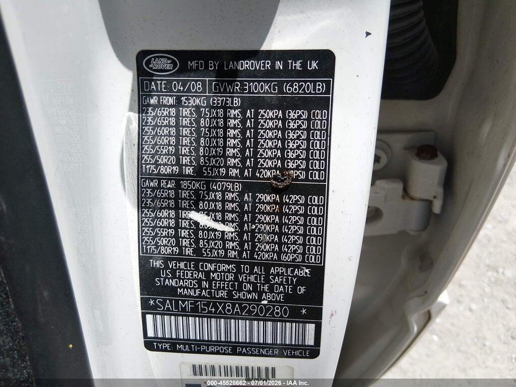 SALMF154X8A290280 2008 LAND ROVER RANGE ROVER photo no. 9