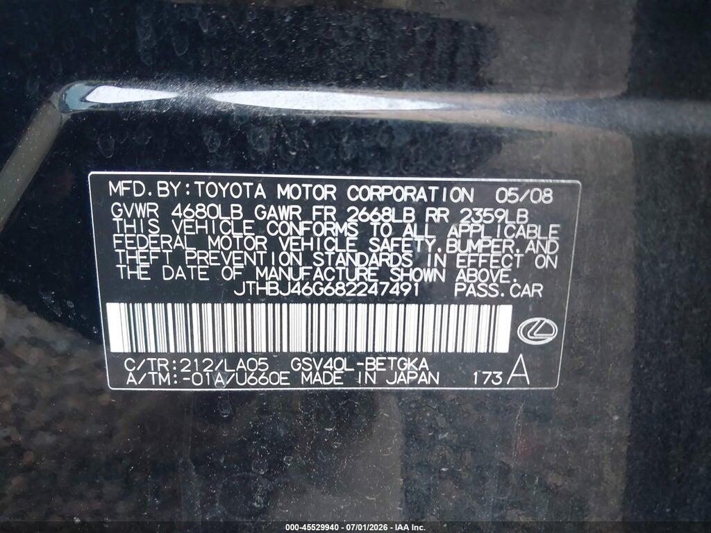 JTHBJ46G682247491 2008 LEXUS ES 350 photo no. 9