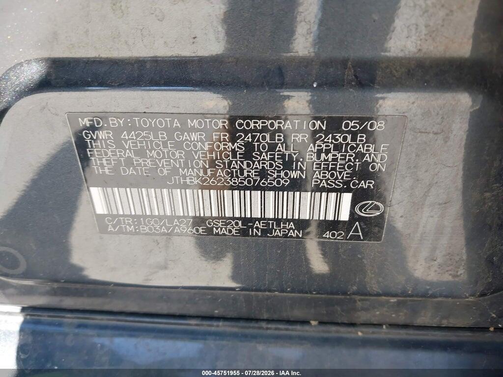 JTHBK262385076509 2008 LEXUS IS 250 photo no. 9