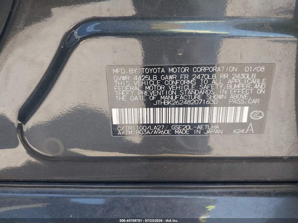 JTHBK262482071630 2008 LEXUS IS 250 photo no. 9