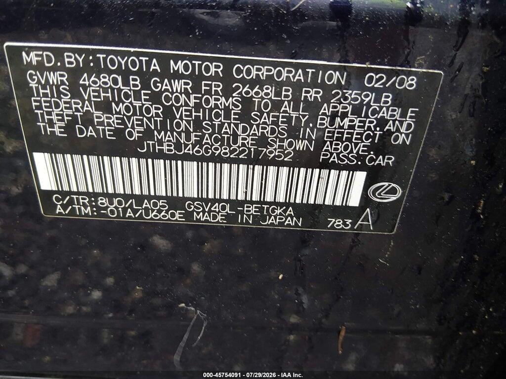 JTHBJ46G982217952 2008 LEXUS ES 350 photo no. 9