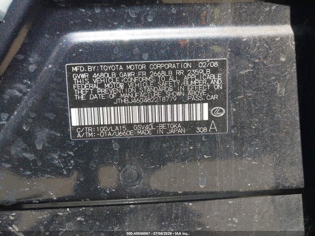 JTHBJ46G482218779 2008 LEXUS ES photo no. 9