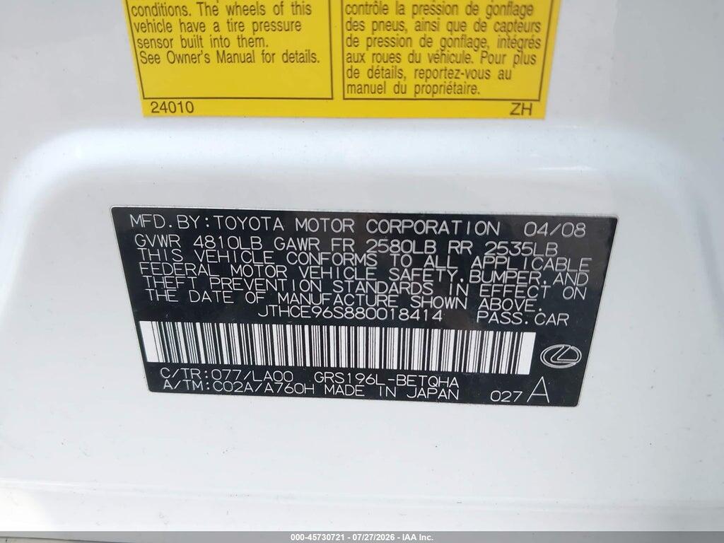 JTHCE96S880018414 2008 LEXUS GS 350 photo no. 9
