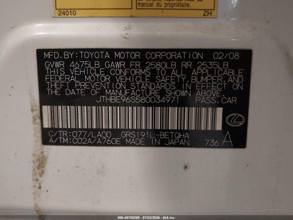 JTHBE96S580034971 2008 LEXUS GS 350 photo no. 9