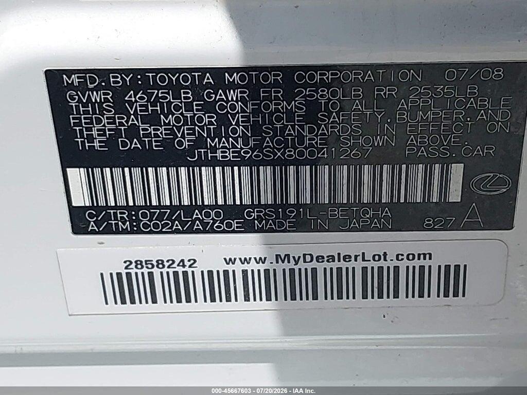 JTHBE96SX80041267 2008 LEXUS GS 350 photo no. 9