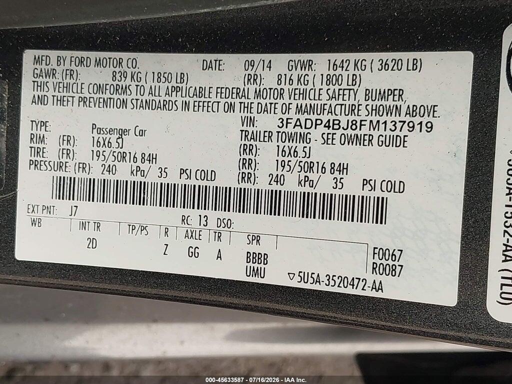 3FADP4BJ8FM137919 2015 FORD FIESTA photo no. 9
