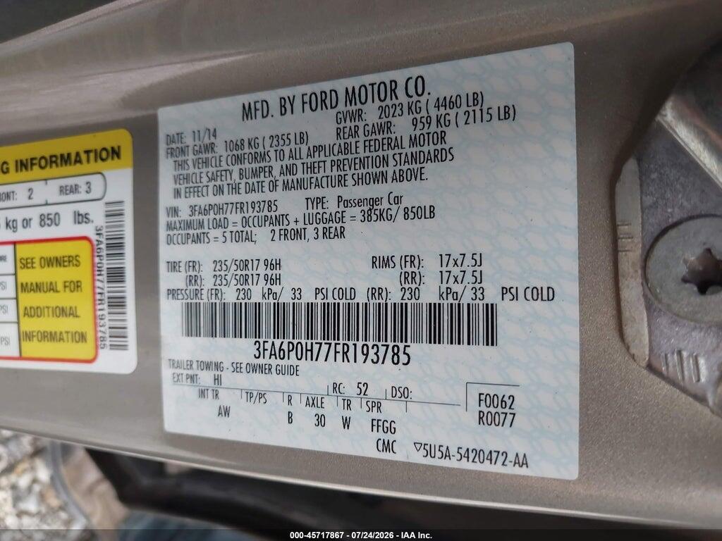 3FA6P0H77FR193785 2015 FORD FUSION photo no. 9