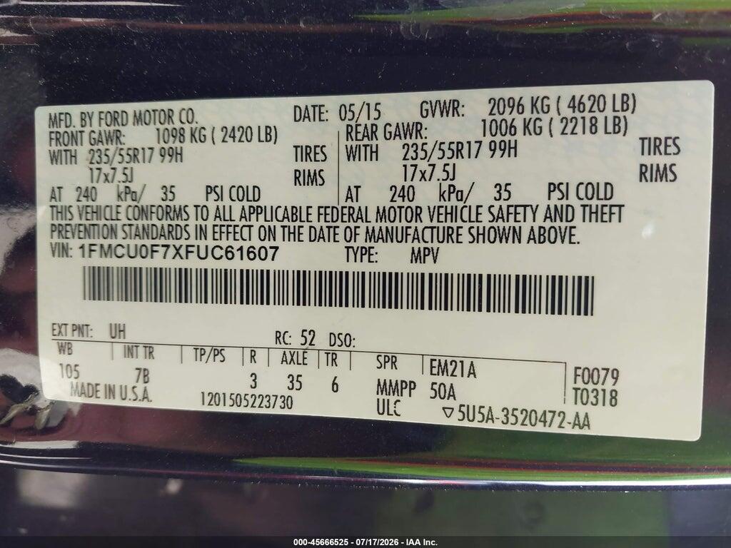 1FMCU0F7XFUC61607 2015 FORD ESCAPE photo no. 9