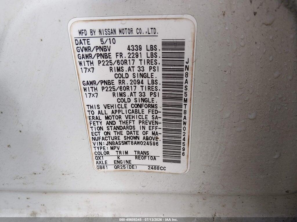 JN8AS5MT8AW024596 2010 NISSAN ROGUE photo no. 9