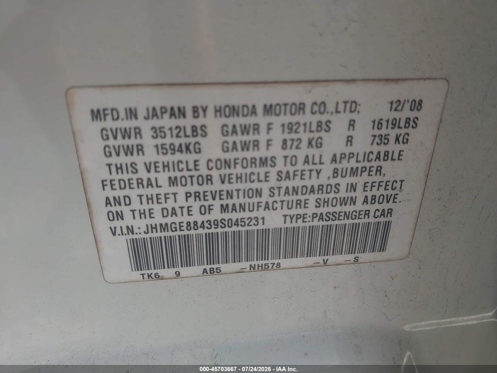 JHMGE88439S045231 2009 HONDA FIT photo no. 9