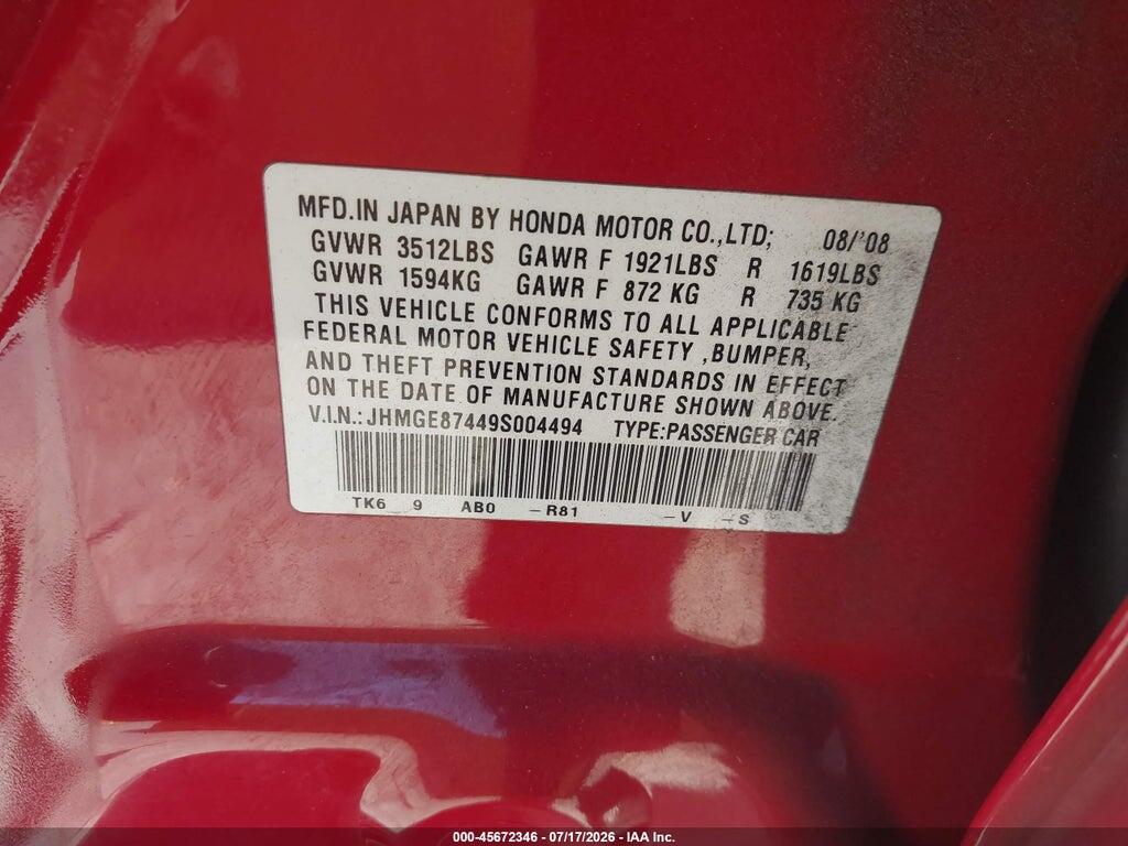 JHMGE87449S004494 2009 HONDA FIT photo no. 9