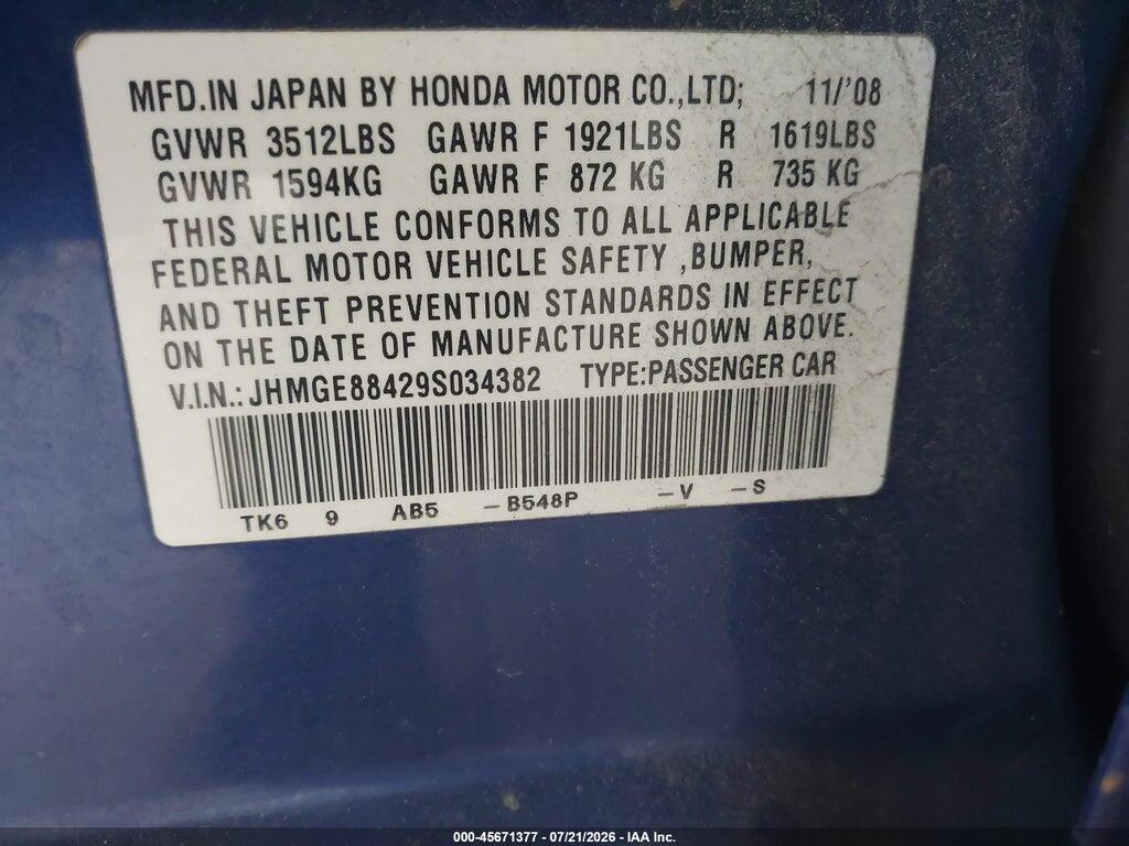 JHMGE88429S034382 2009 HONDA FIT photo no. 9