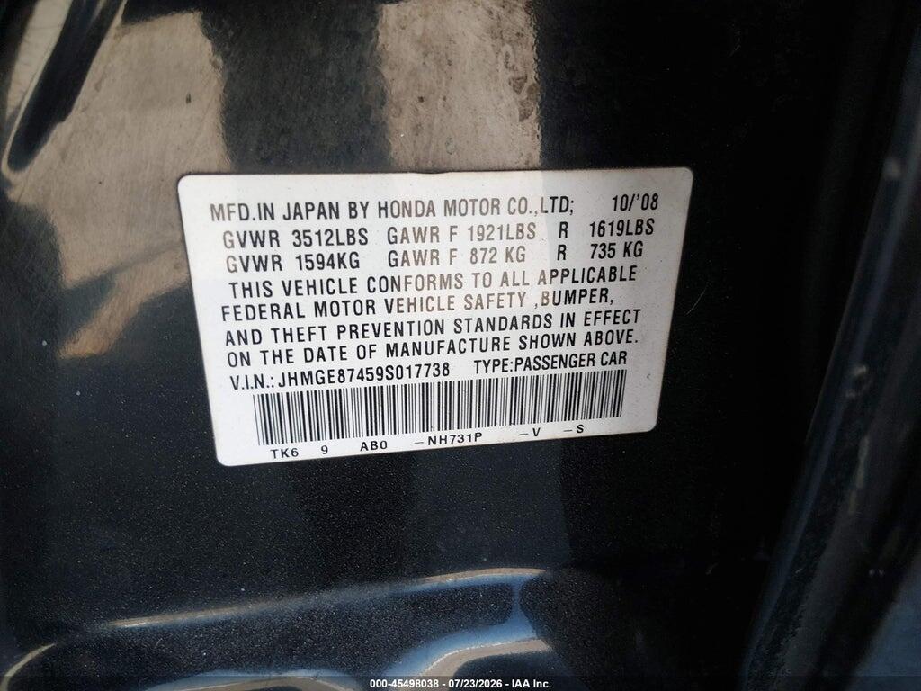 JHMGE87459S017738 2009 HONDA FIT photo no. 9