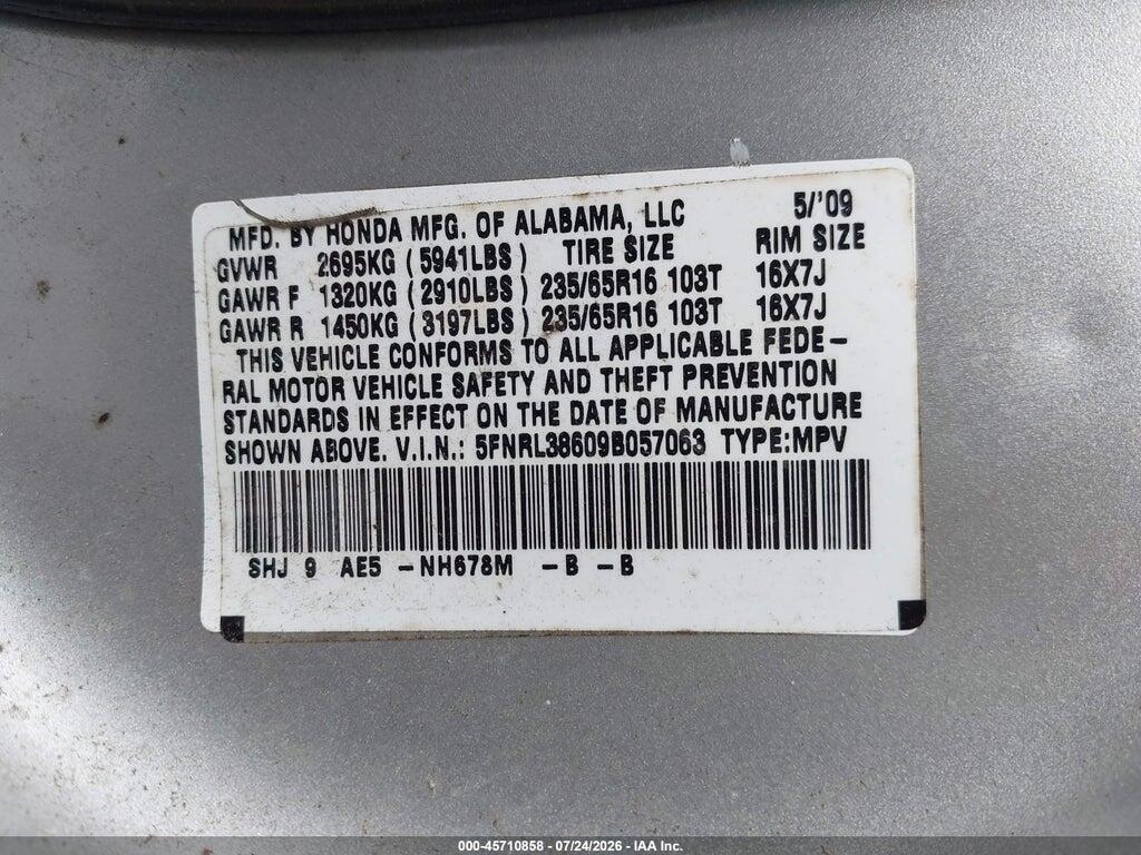 5FNRL38609B057063 2009 HONDA ODYSSEY photo no. 9