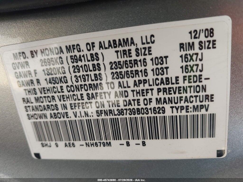 5FNRL38739B031629 2009 HONDA ODYSSEY photo no. 9